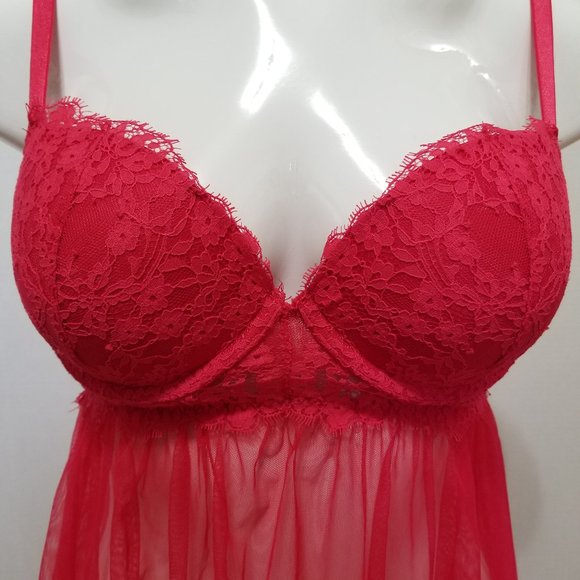 Victoria's Secret babydoll 36C sheer chiffon push-up floral lace eyelash trim - Picture 5 of 16